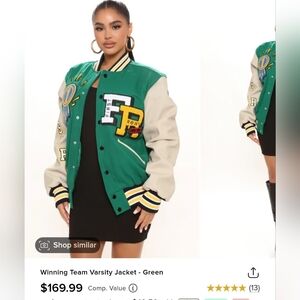 Fashion Nova Winning Team Varsity Jacket Green Black Tan Bomber Coat SIZE MEDIUM